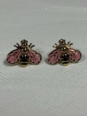 🐝 Gold Bee Earrings Pink & Black Enamel Painted Post Drop Hypoallergenic